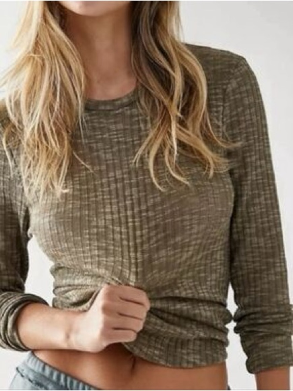 Free People Aura Long Sleeve Layering Ribbed Crewneck Top in Army XS